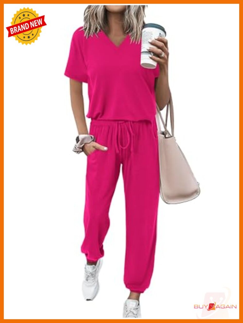 Womens 2 Piece Lounge Set V Neck Short Sleeve Jogger Tracksuit with Pockets